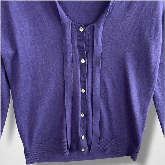 Lands' End Womens Cardigan M Purple Bow Tie‎ Cotton Cashmere Blend Button Sweate - Picture 5 of 9